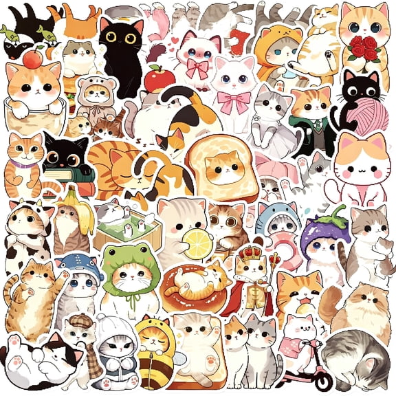 KAISA 50Pcs Cute Cat Stickers for Adults Teens Kids,Kawaii Anime Kitten Waterproof Vinyl Sticker for Water Bottles Laptop Phone Scrapbook Journal,Funny Cats Decals Gift,Party Favors