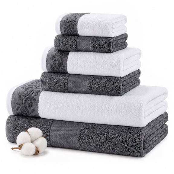 Modern Threads Filigree Jacquard Border 6-Piece Cotton Adult Bath Towel Set, Charcoal