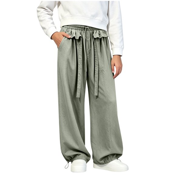 Rrxhxhs Pants for Girls Ruffle Drawstring Elastic Waist Loose Flowy Versatile Casual Joggers with Side Pockets,Green,5-6 Years