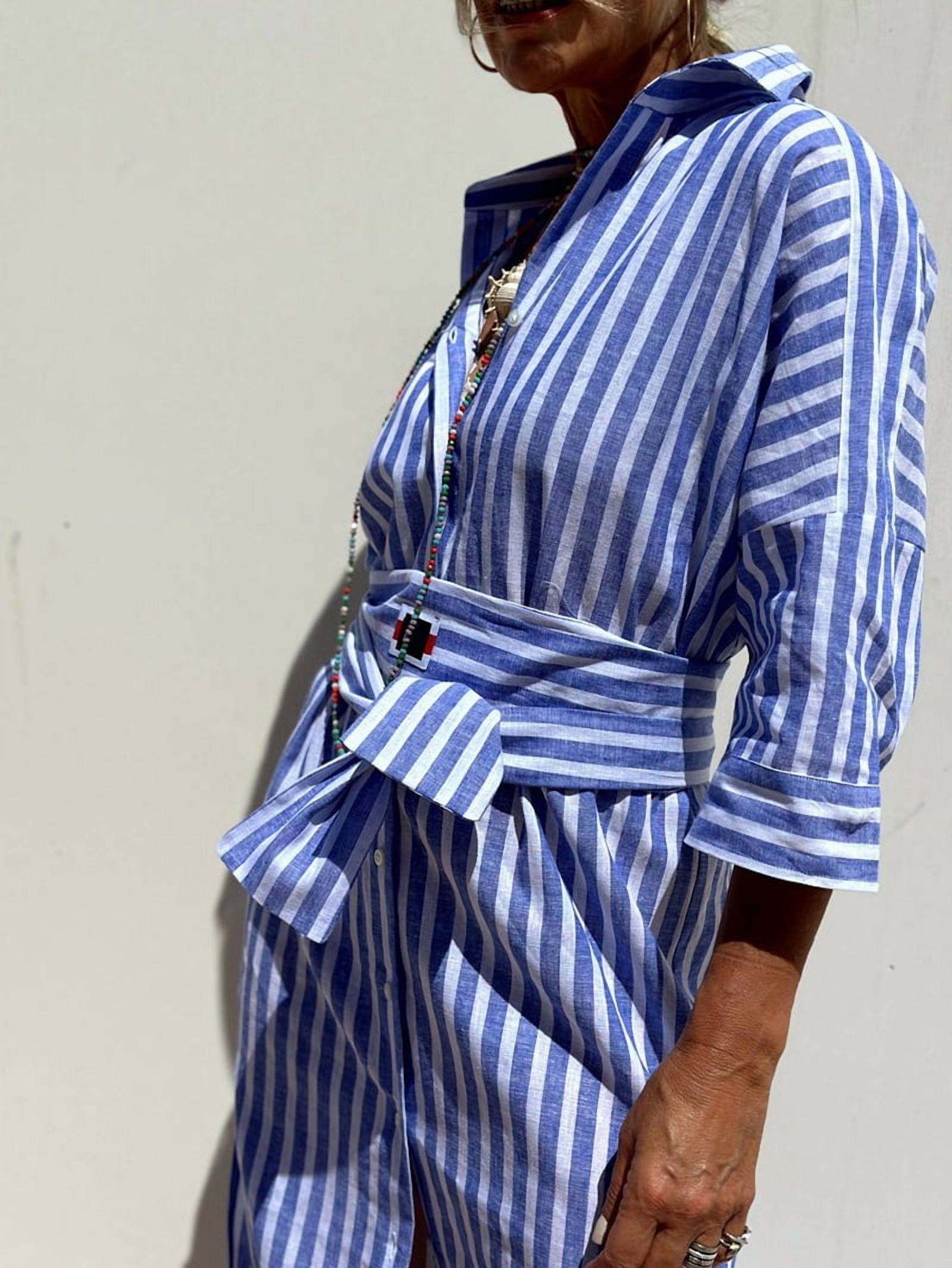 Women'S Shirt Dress Casual Lapel 3/4 Sleeve Button-Down Collar Slit Tie Resort Maxi Dress Blue M