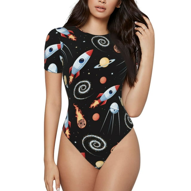 Bingfone Space Rocket Pattern Women's Round Neck Bodysuit, Tight Snap Button Short Sleeve Bodysuit, Suitable for Party, Sports, Daily Wear-Medium