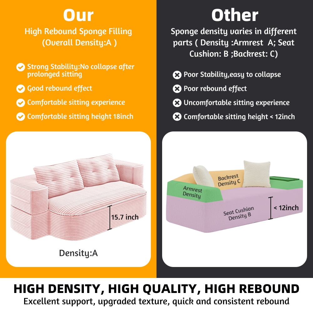 NeoKo 78" Full Size Floor Sofa, Folding Queen Sleeper Couch, Futon Loveseat Sofa, Corduroy Boneless Loveseat Couch, Fold Mattress Bed for Living Room, Guest Use, Office, Apartment, Baby Pink