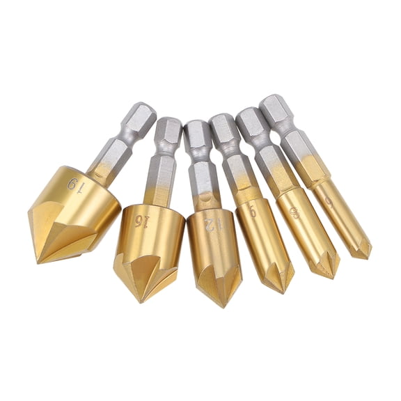 Countersink Drill Bit Set, HSS 90 Degree 1/4" Hex Shank 5 Flute Bit 6mm-19mm 6Pcs