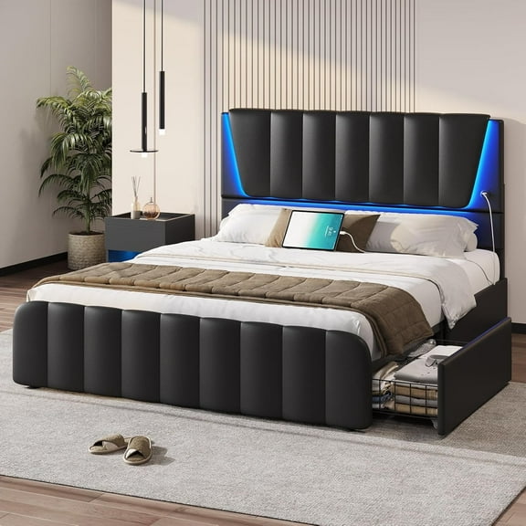 Full Size Bed Frame with Headboard, 4 Storage Drawers, LED Lights, USB Ports, No Box Spring Needed, Black