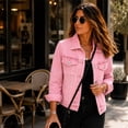 thumbnail image 5 of Womens 3/4 Sleeve Denim Shirt Button Down Lapel Collar Jean Vintage Washed Shirts Slim Top with Chest Pocket Pink XXL, 5 of 5