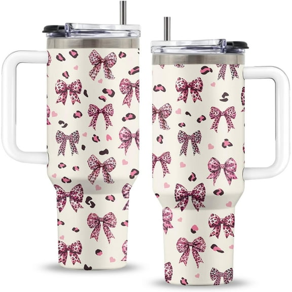 Bow Knot Gift, 40 Oz Bow Knot Tumbler with Handle & Straw, Birthday Gifts for Your Girlfriend Women, Stainless Steel Pink Leopard Print Bow Cup, Gifts for Mothers Day