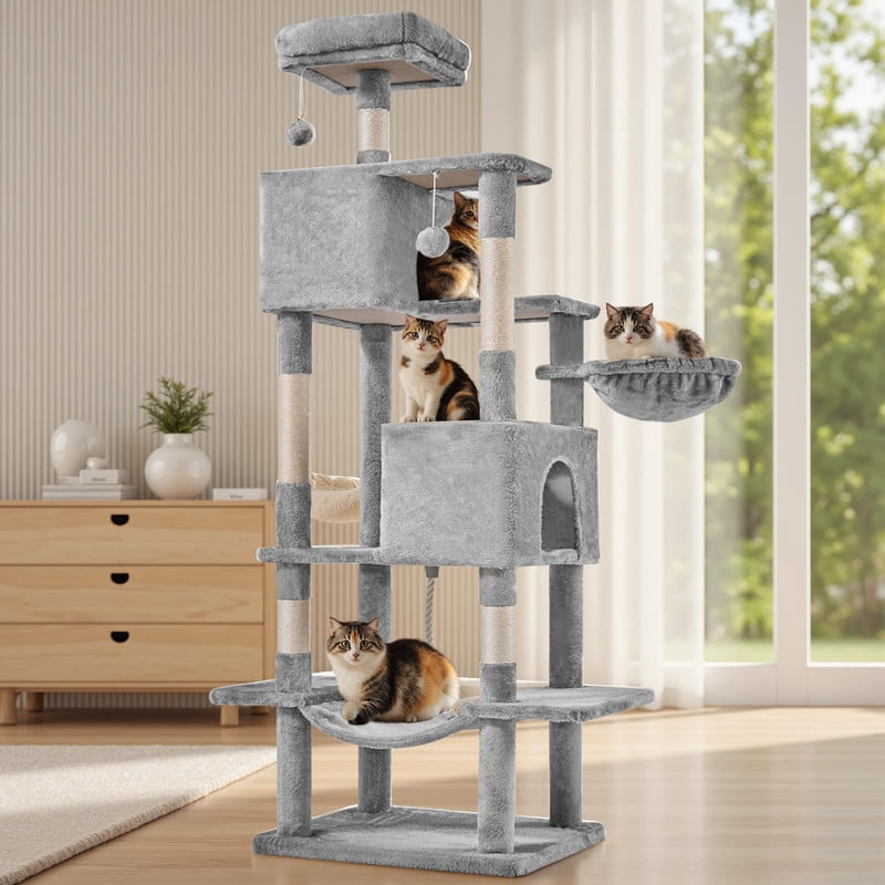 Kelno 66" Cat Tree Tower Durable Cat Climbing Tower with Sisal Scratching Posts Cozy Condo Hammock and Platforms, Light Gray
