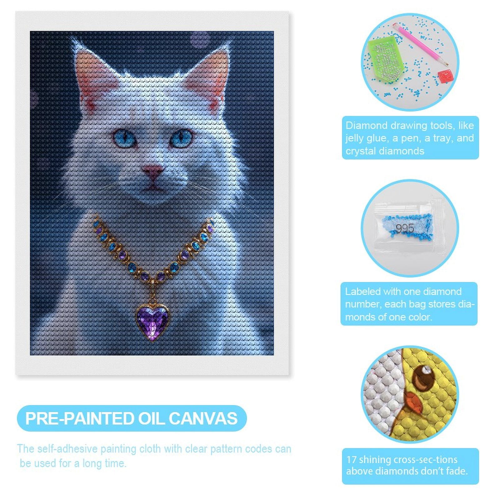 Diamond Art Kits for Adults - White Cat Jewel Necklace Blue Eyes 5d Diamond Painting for Adults, Diamond Art for Adults Beginners, Frameless Diamond Painting Kits for Adults for Home Wall Decor