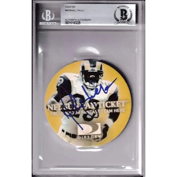 Marshall Faulk autographed St. Louis Rams 2003 NFL Sunday Ticket coaster BAS