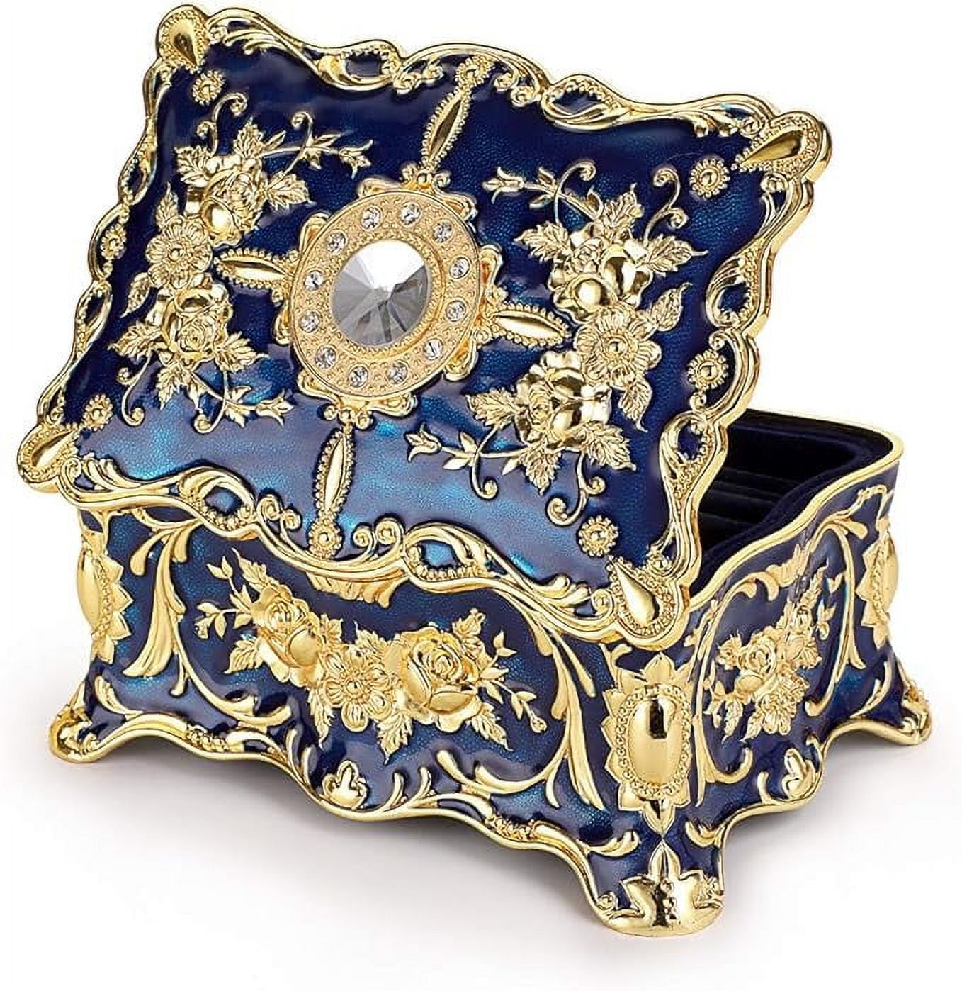 Jewelry Organizer, Jewelry Box, Red Zinc Alloy + Rhinestone Vintage Flower Rectangular Jewelry Box with Exquisite Velvet Lined and Partition Design to Keep Jewelry From Dust and Scratches, Red
