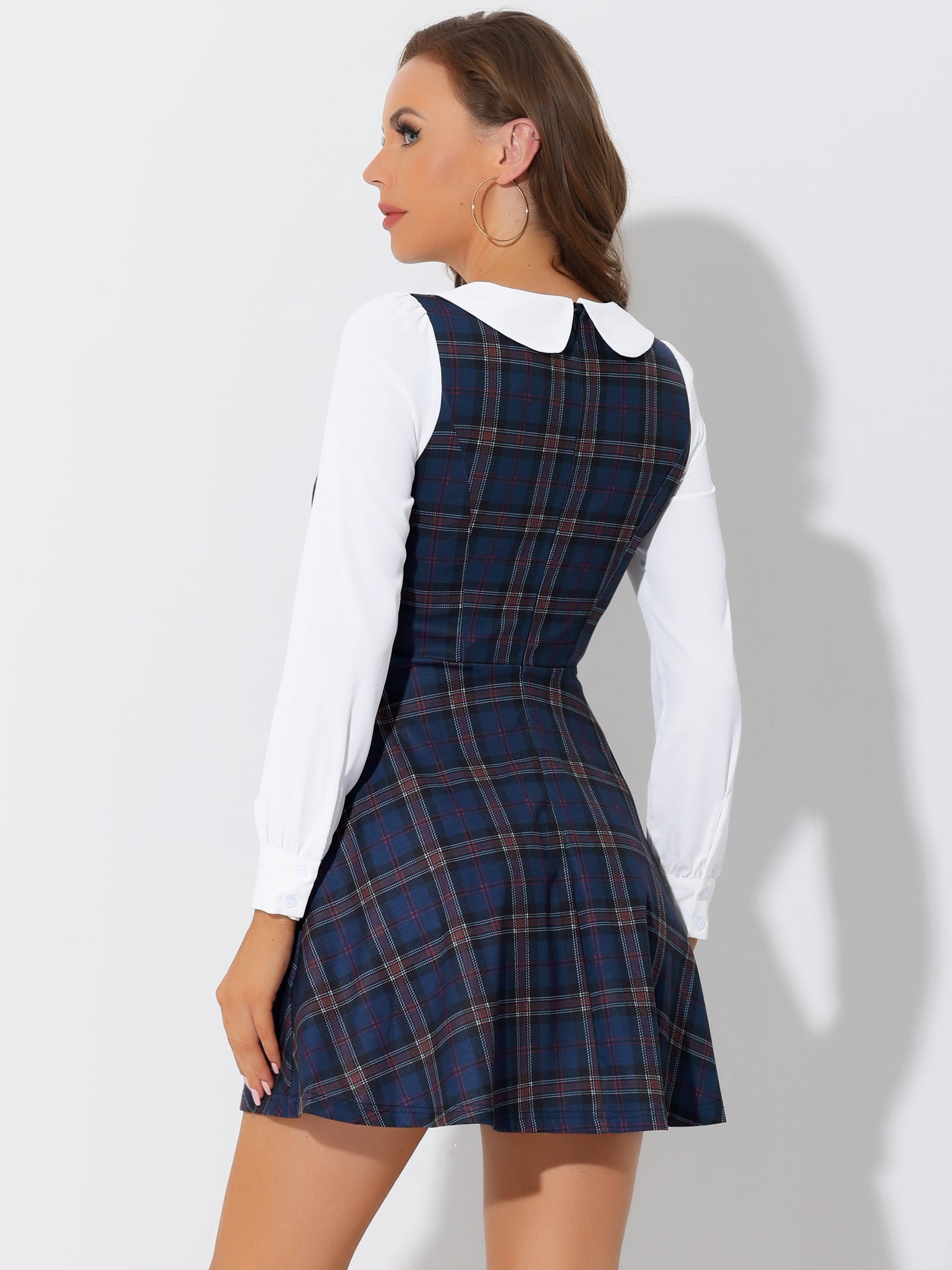 DARING DIVA Plaid Peter Pan Collar Mini A-Line Dress S Dark Blue