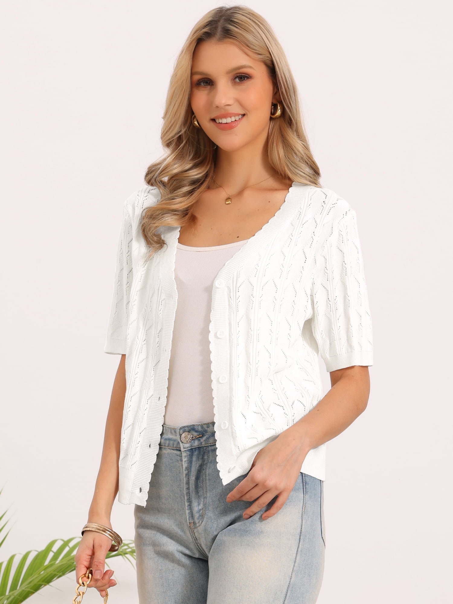 DARING DIVA Women's Short Sleeve Casual V Neck Lightweight Cardigan S White