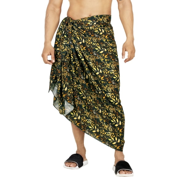 LA LEELA Men's Swimwear Beach Summer Pareo Long Sarong Wrap One Size Brown, Leaves Vacation Holiday Aloha