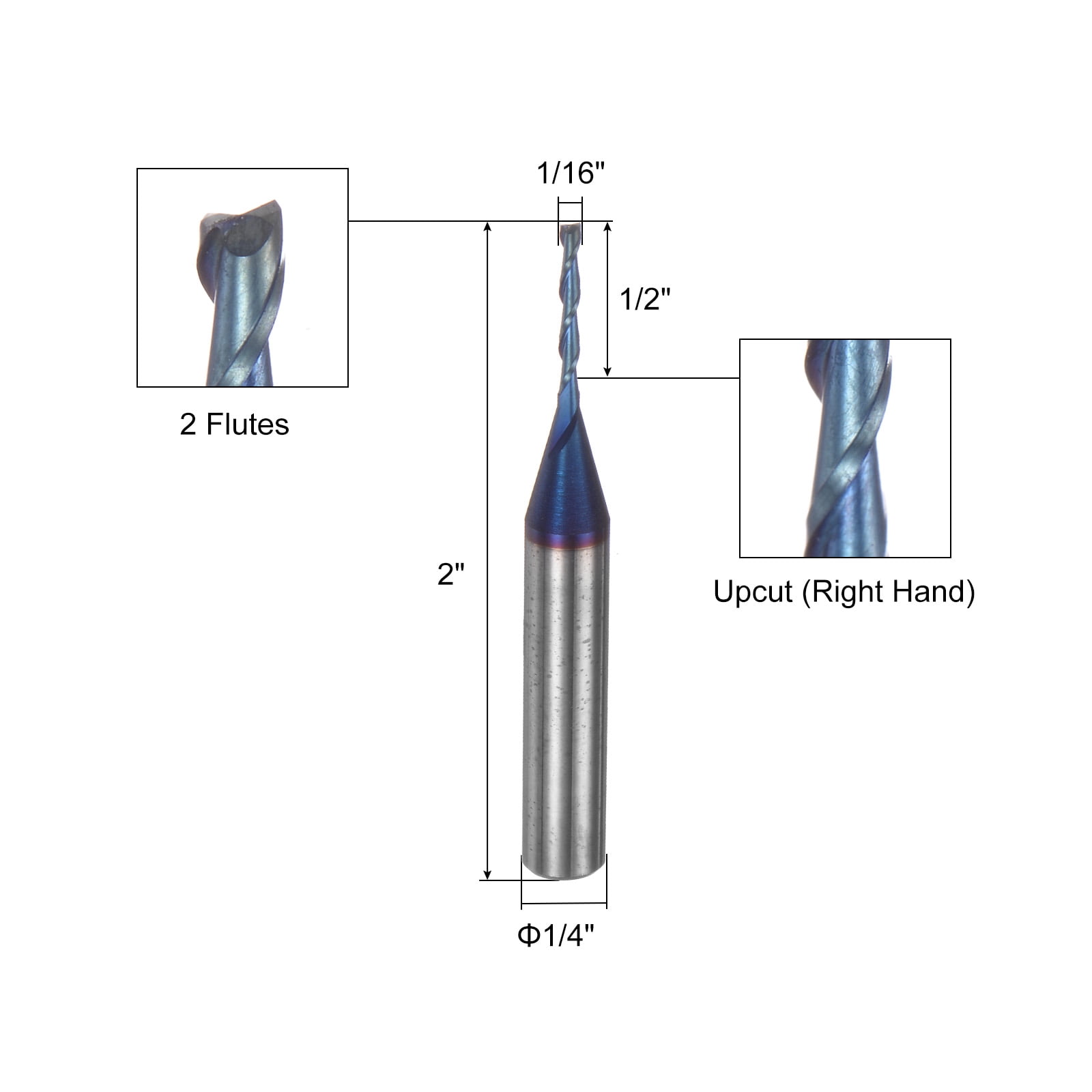 Uxcell Spiral Router Bit 1/16" Dia 1/4" Shank Up Cut 2 Flutes Blue Nano Coated CNC End Mill Milling Bits