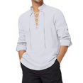 thumbnail image 2 of Men's Long Sleeve Stand Collar Cotton Henley Shirt Hippie Casual Beach Wear for Spring Fall Bohemian Style,White,2XL, 2 of 8