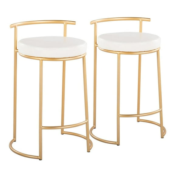 LumiSource Gold Metal, White PU Round Fuji 26" Fixed-Height Counter Stool - Set of 2