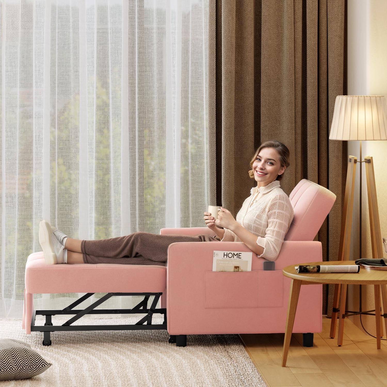 Convertible Sleeper Chair Bed, Linen Sofa Bed with Pillow for Small Space, Single Recliner Daybed with Adjustable Backrest, Pink