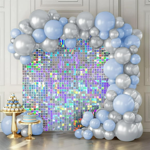 Shimmer Wall Backdrop Iridescent Silver Wall Panels 12Pcs Square Sequin Shimmer Wall Backdrop Decoration for Birthday Party,Wedding, Anniversary