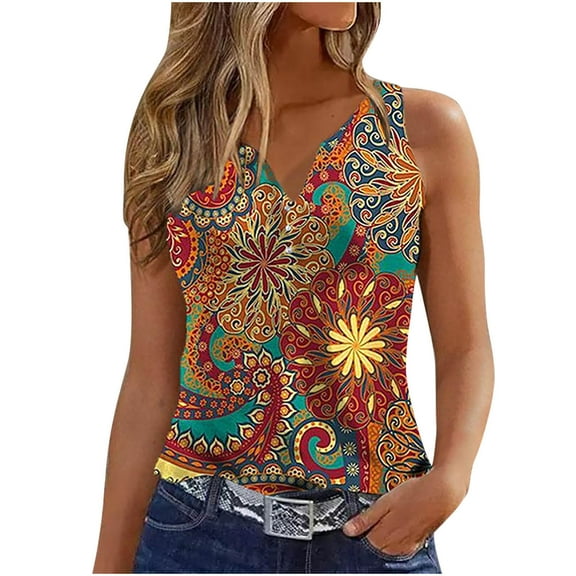 LEAVINGSUO Tank Tops for Women under $5 Womens Tank Summer Printed Buttons Sleeveless V-Neck Casual Blouse Button Tunic Tops Multicolor S
