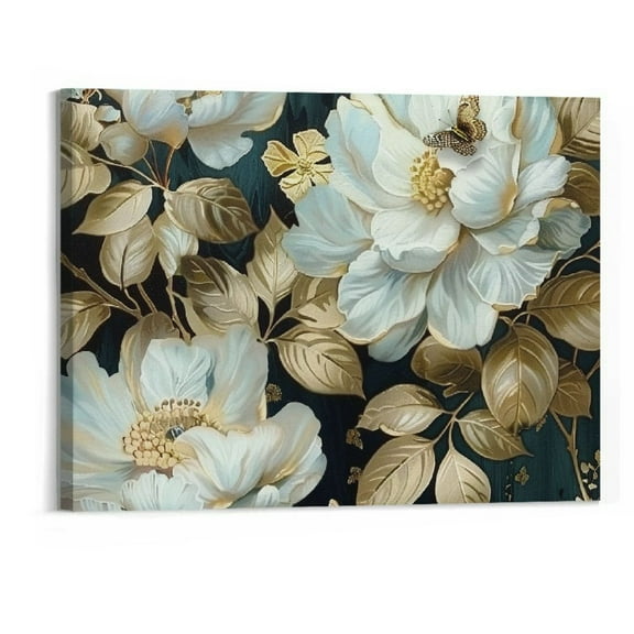 BCIIG  Flowers Canvas Wall Art White Elegant Modern Picture Gold Foil Rustic Painting Colorful Turquoise Floral Large Teal Artwork for Living Room Bedroom Bathroom Dining Room Home   20"x16"