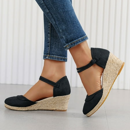 

Women Ripple Linen Sandals Platform Wedge Sandals Fashion Versatile Braided Buckle Breathable Wedge Sandals