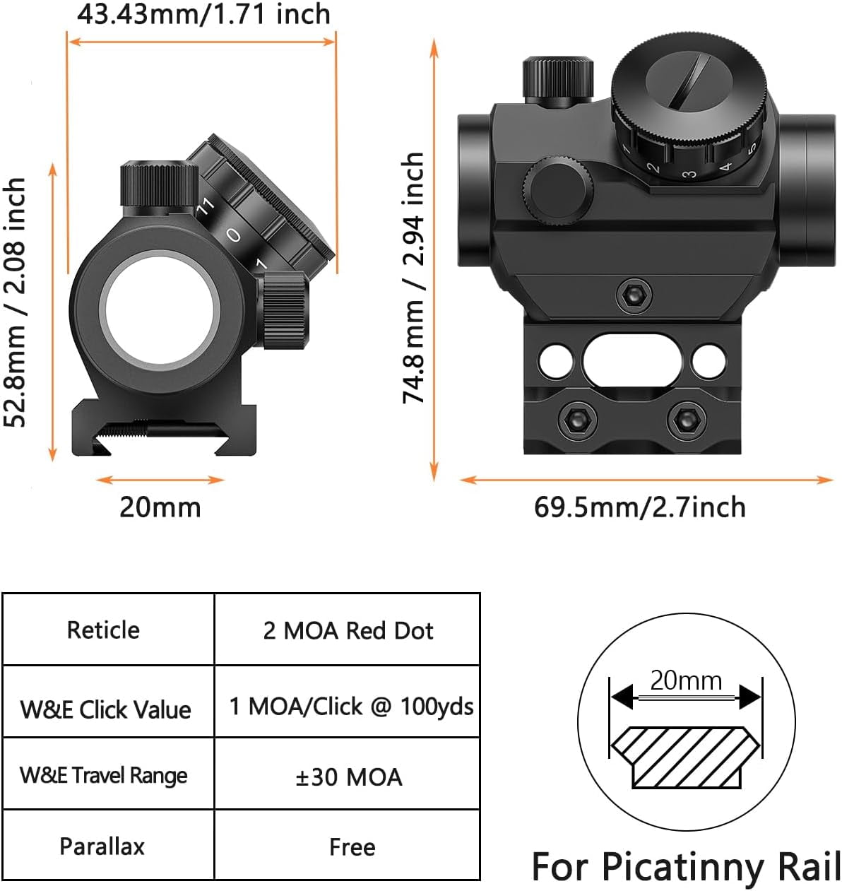 2MOA Red Dot Sight 1x25mm Reflex Sight Waterproof & Shockproof & Fog-Proof Red Dot Scope with 1 inch Riser Mount