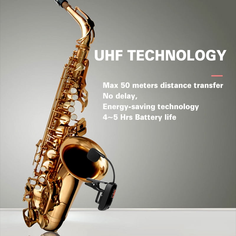 UHF Wireless Saxophone Microphone System Clips over Instrument Receiver Transmitter Trumpet Trombone French Horn