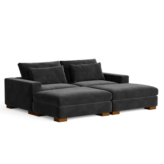 Isabella Sectional Sofa Corduroy Velvet with two Ottomans in Black Color