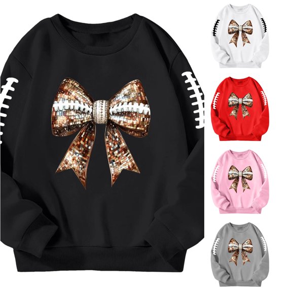 HCYSFG Girls Coquette Football Bow Graphic Sweatshirt Long Sleeve Crewneck Pullover Casual Loose Fit Fall Winter Relaxed Fit Comfy Top