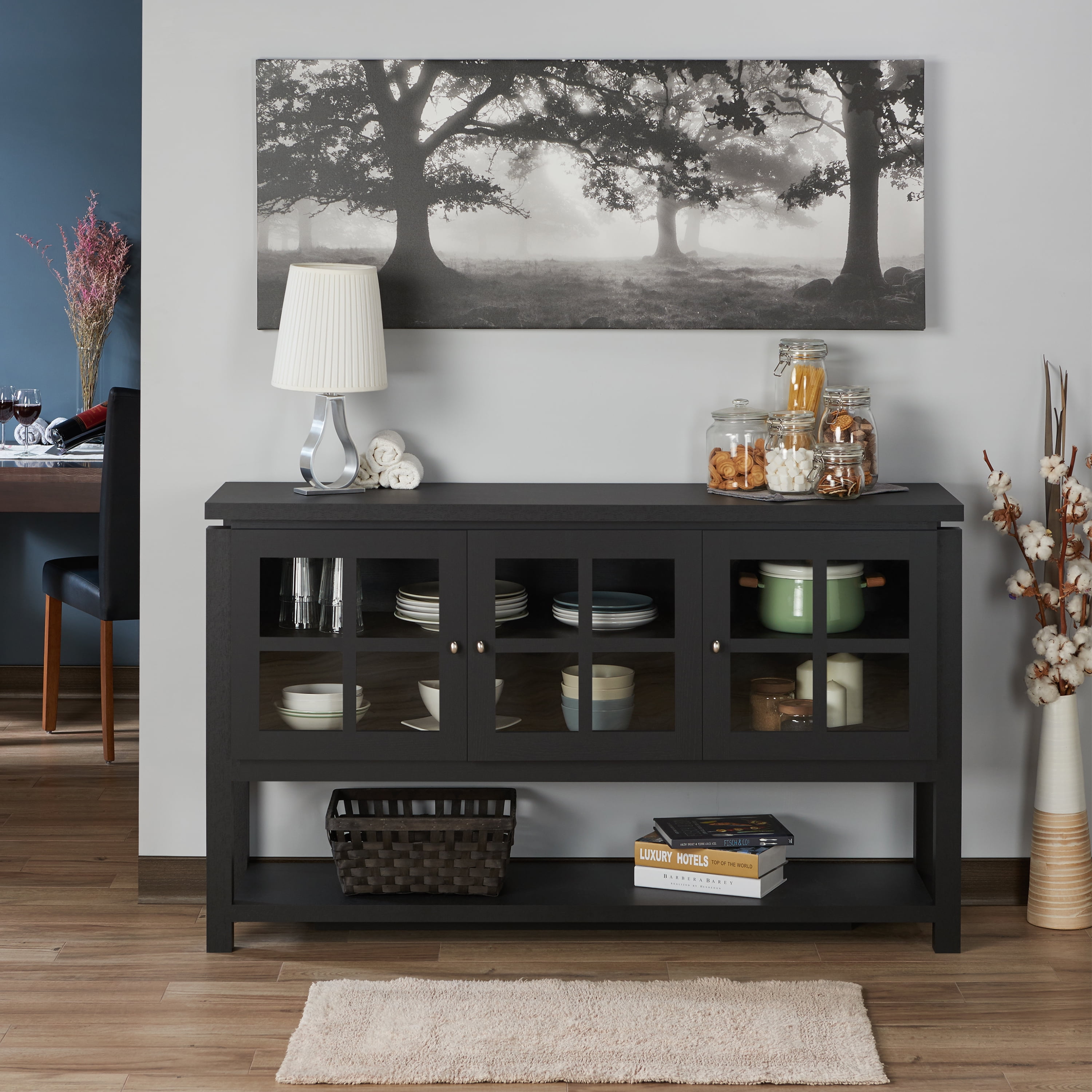 Furniture of America Chico 59" Transitional Wood Veneer Multi-Storage Sideboard Buffet, Black