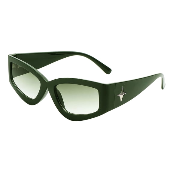 Retro Cat-Eye Sunglasses Angular Rectangle Silver Star Accent UV400 Dark Green