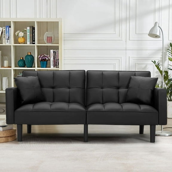 AVAWING Futon Sofa Bed Recliner Sofa Faux Leather Couches for Living Room Modern Tufted Convertible Sofa Bed with 2 Pillows, Black