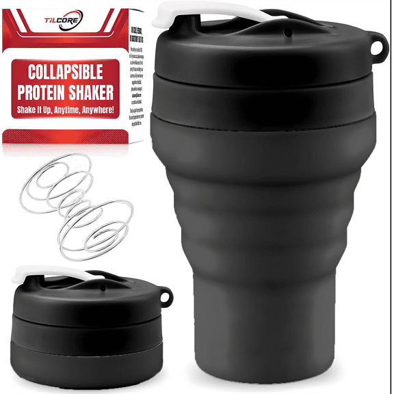 Collapsible 600ml Black Shaker Bottle with Leakproof Lid by Tilcore