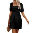 thumbnail image 2 of Women'S Puff Short Sleeve Boho Dress Square Neck Summer A Line Dresses Black S, 2 of 8