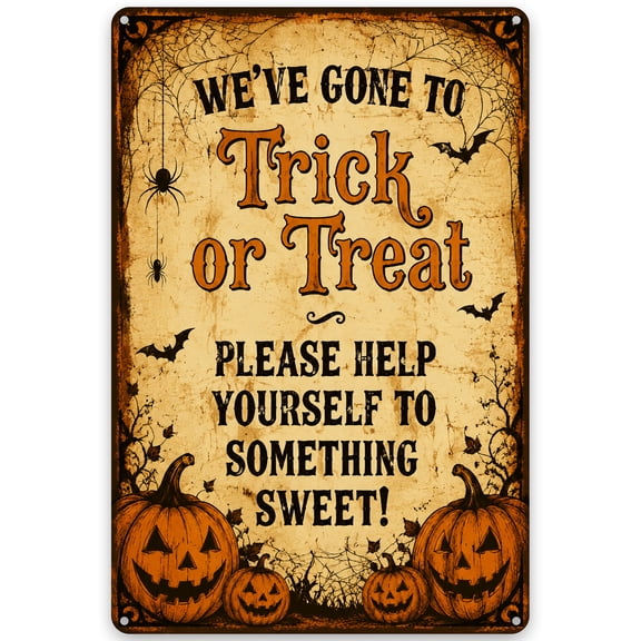 Halloween Trick or Treat Metal Sign 8x12 inch - Rustic Home Decor Wall Art with Pumpkins and Spiders - Vintage Style Indoor Outdoor Decoration for Easy Hanging and Seasonal Display