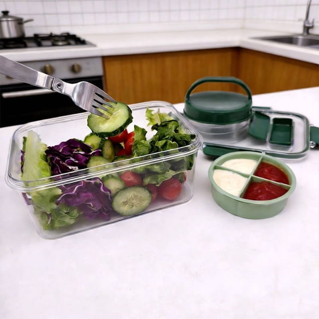 Plastic Salad Storage Jar and Bottle Set for Salad Lunch on the Go, Leakproof Meal Prep Container, Reusable Plastic Salad Bowl for Work, School, Travel