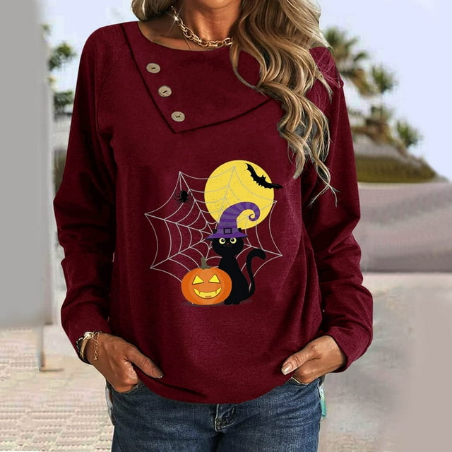 Costumes d'Halloween pour Femmes 2023 Manches Longues Pull Col Rond Imprimé Blouse Décontractée Grande Taille en Solde
