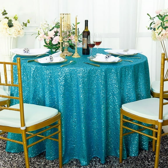 Wedding Linens Inc. 120" Round Sequin Taffeta Tablecloth - Turquoise