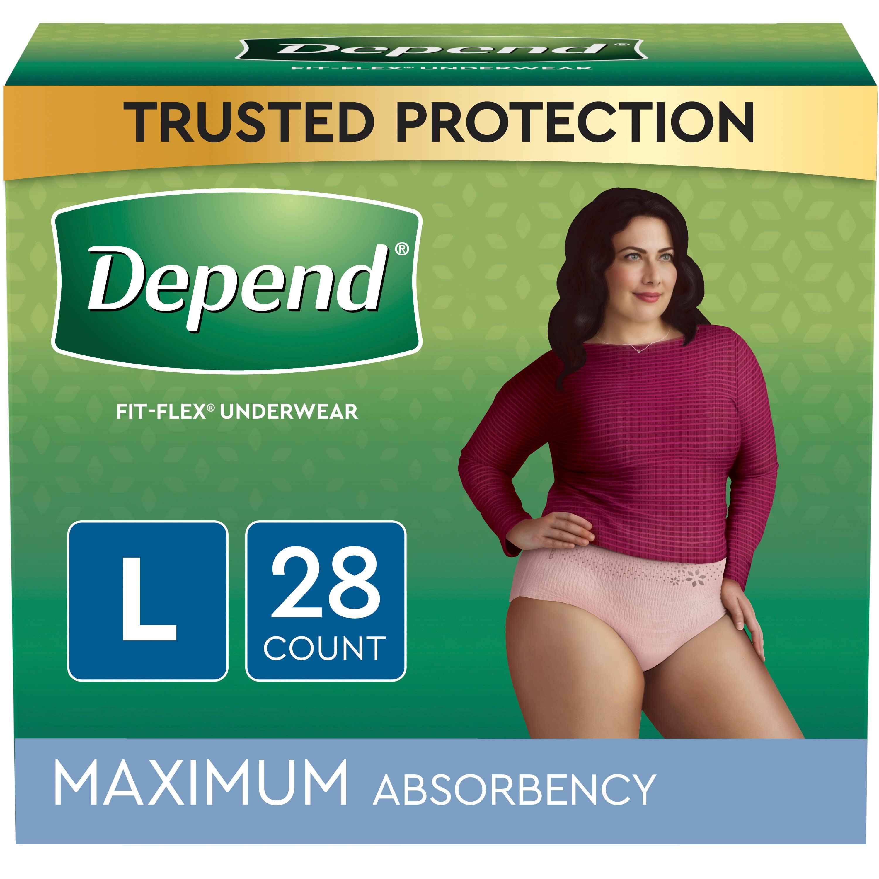 Depend Fit-Flex Incontinence Underwear for Women, Maximum Absorbency, L, Light Pink, 28ct