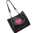 thumbnail image 4 of Bolso de mano de piel sintética negra con estampado de letras y gran capacidad para mujer, impermeable, con estampado de corazones, 4 of 8