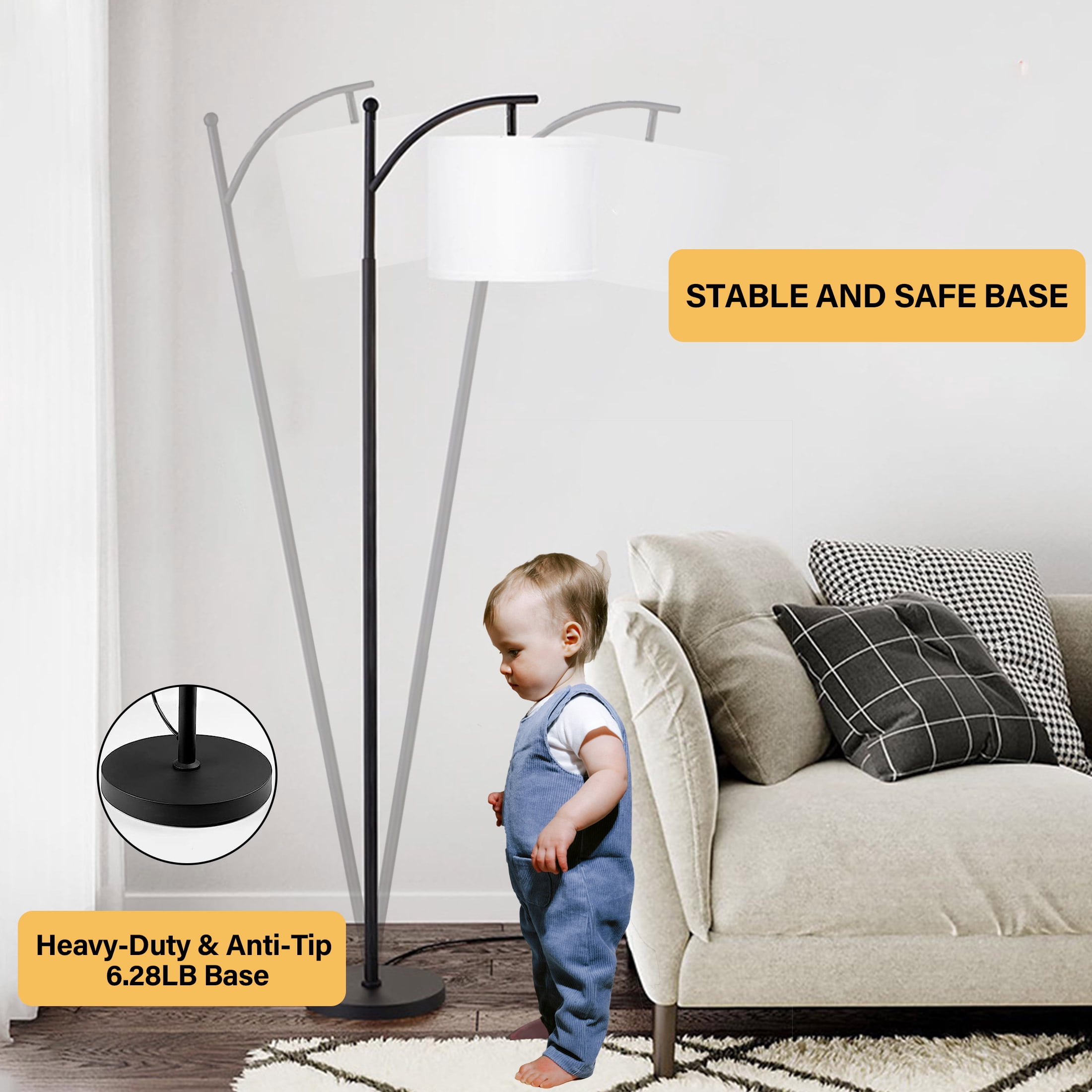 Dimmable Floor Lamp with Remote , Arc Floor Lamps for Living Room, Modern Standing Lamp with Linen Shade & 3 Color Temperatures LED Bulb, Tall Lamp for Bedroom Office Dining Room- Black