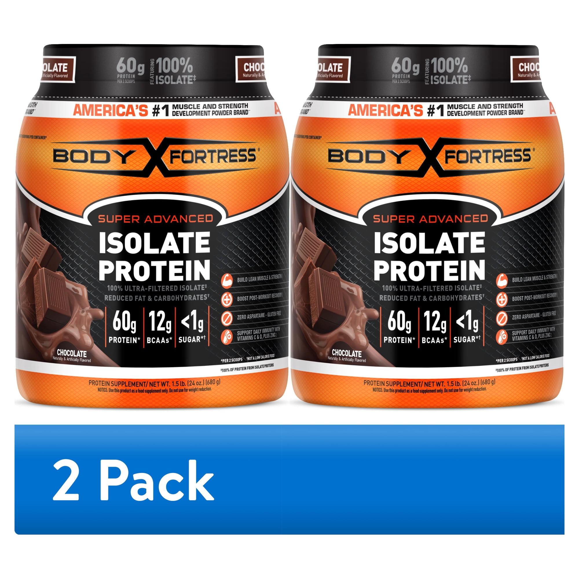 (2 pack) Body Fortress Super Advanced 100% Ultra-filtered Isolate Protein Powder, Chocolate, 60g Protein, 1.5 lbs (Packaging May Vary)