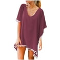 thumbnail image 2 of Helii Women's Chiffon Beach Cover Up Loose Kaftan Swimsuit Coverup, Tassel Trim V-Neck Summer Bikini Cover Up Dress, Flowy Lightweight Beachwear for Vacation Pool Dark Purple,One Size, 2 of 7