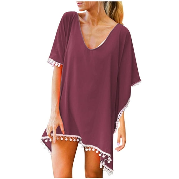 AWZXDE Women's Pure Color Chiffon Fringe Tassel Beach Cover-Up Shawl with Pom-Poms, Lightweight & Stylish Dark Purple,One Size