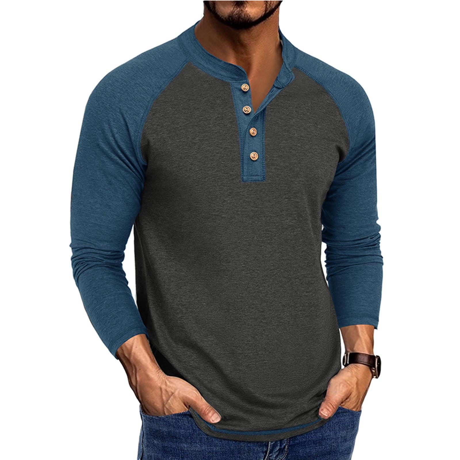 Feancey Cotton Henley Shirts for Men Raglan Long Sleeve Button Up Tshirt Color Block Fashion Baseball T-Shirts Slim Fit Casual Gym Muscle Tees Dark Gray 3XL