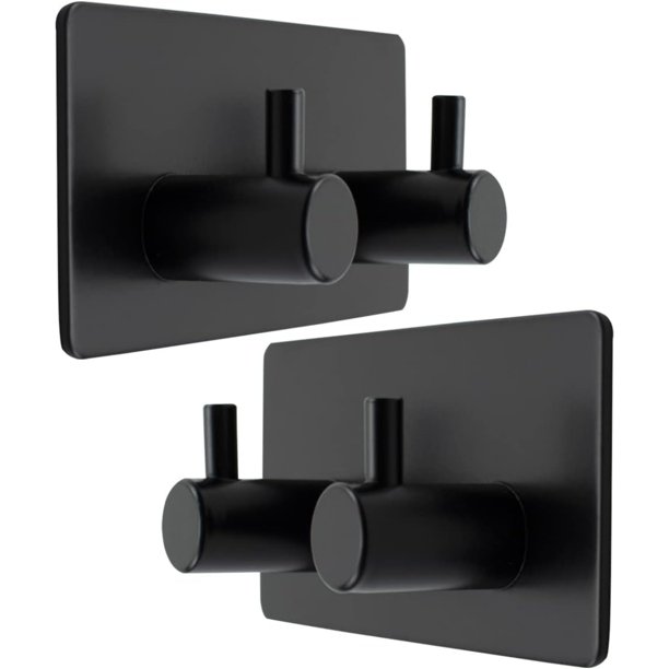 Gancho para toallas de acero inoxidable en ángulo recto - Paquete de 2 - Adhesivo, no requiere taladro - Cuadrado negro - Colgador de toallas para albornoces, cocina y baño