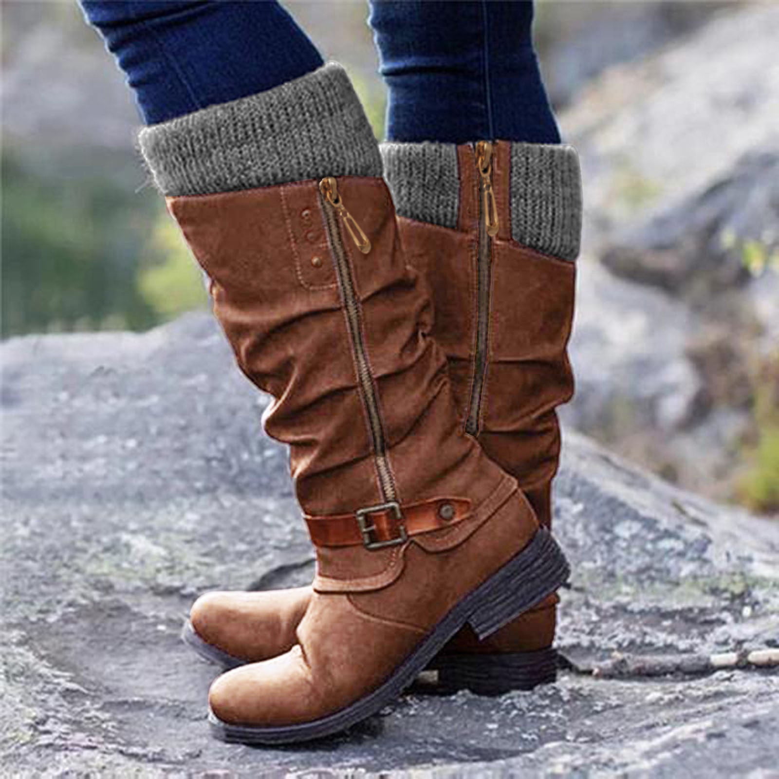 Womens Lace Up Riding Boots Comfy Faux Leather Fashion Patchwork Square Toe Mid-Calf Boot Shoes for Women Medium Chunky Heel Booties Side Zipper 