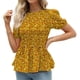 thumbnail image 1 of Camisa elástica amarilla con dobladillo con volantes, cuello redondo, talla L, blusa de verano con mangas abullonadas y estampado floral, 1 of 6