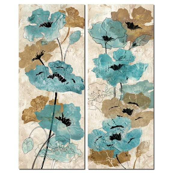 Gorgeous Garden Watercolor Tan and Teal Poppy Panels; 2-8x20" Unframed Paper Posters