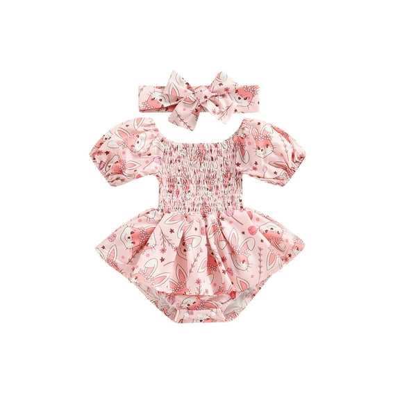 Bagilaanoe Newborn Baby Girl Rompers Dress Flower Rabbit Print Short Sleeve Bodysuit   Headband 3M 6M 12M 18M Infant One Piece Jumpsuit